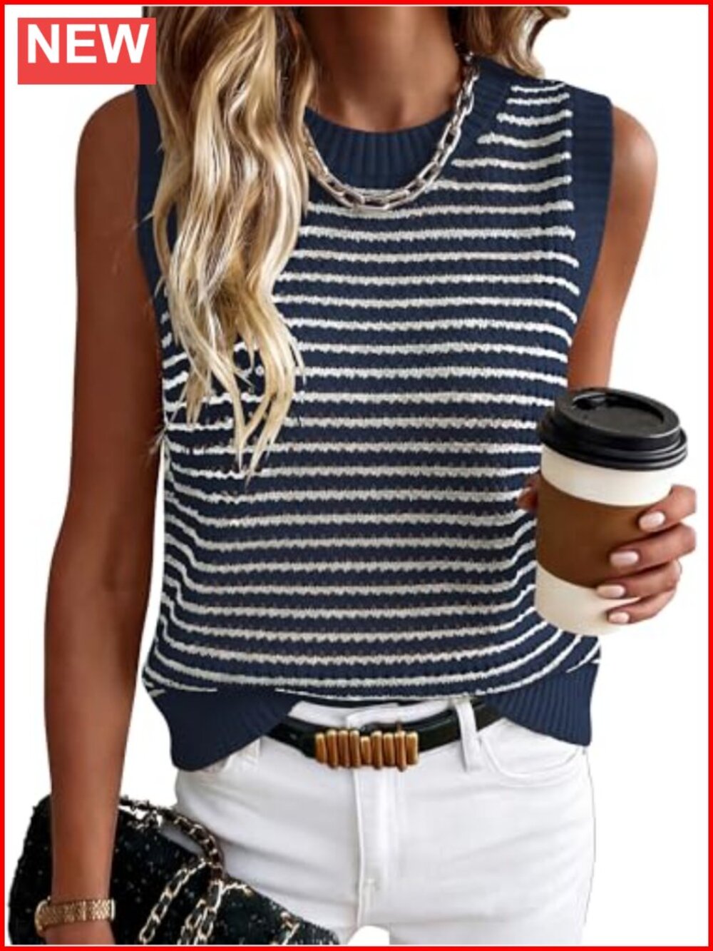 Sleeveless Sweater Vest Striped Knit Tank Top Round Neck Casual Layering